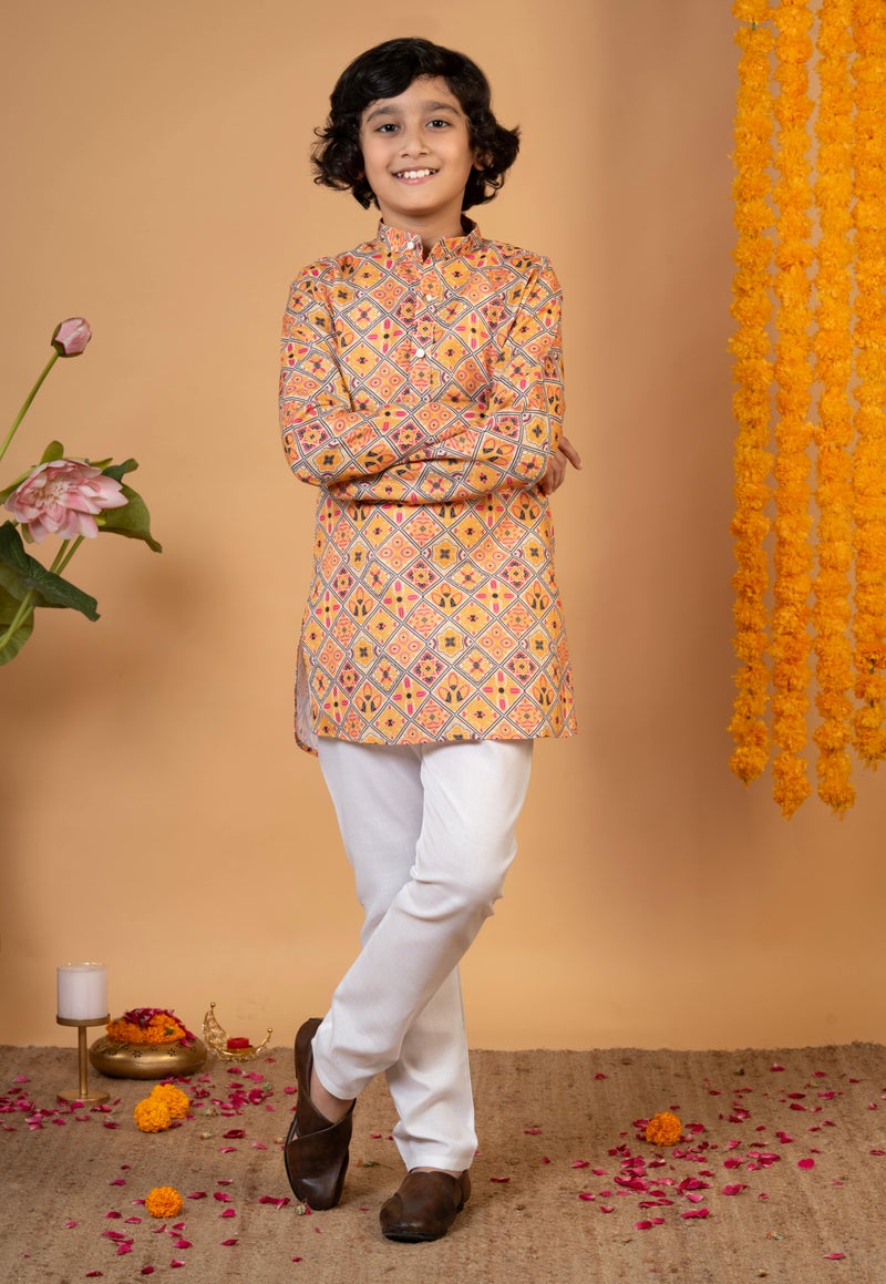 Boys Mustard Cotton Kurta and Pyjama Set